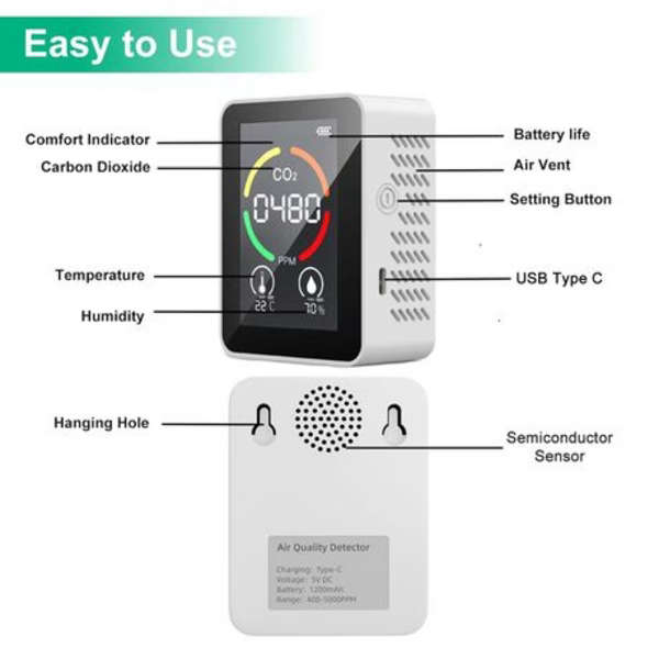 3-in-1 Rechargeable Air Quality Monitor With Semiconductor CO2 sensor-White
