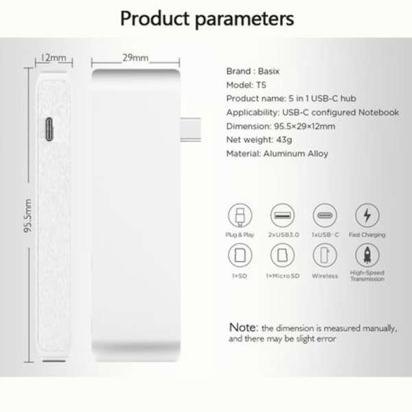 Basix T5 5-in-1 Aluminium USB Type-C Hub