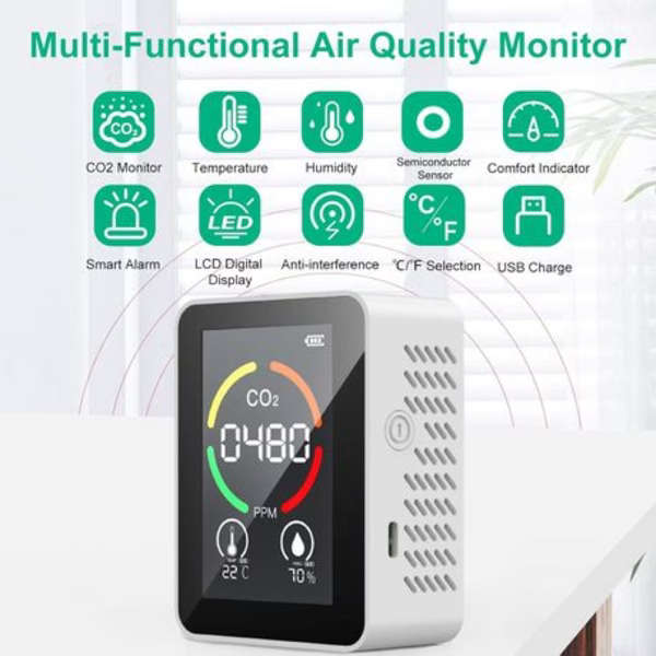 3-in-1 Rechargeable Air Quality Monitor With Semiconductor CO2 sensor-White
