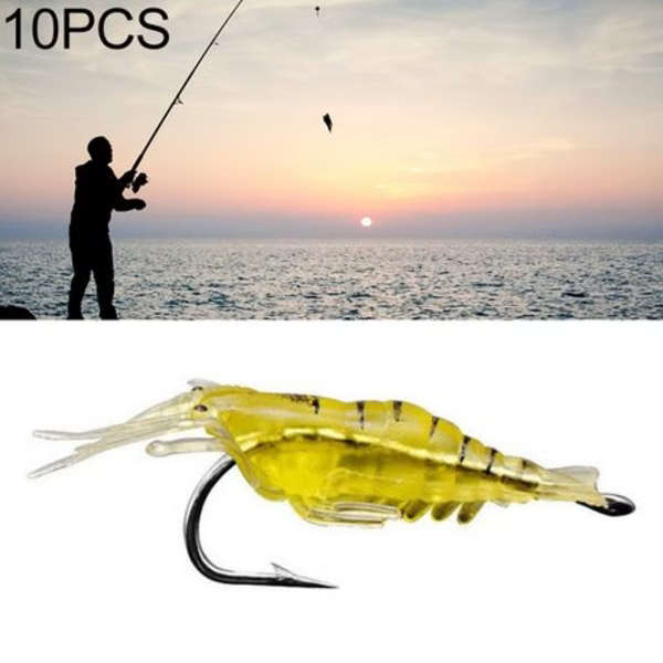 10 Piece Shrimp Lures with Hook Yellow - 4cm