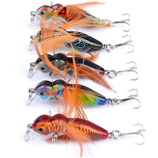 5 Piece Mini Crankbait Lure Set with Feathered Treble Hooks
