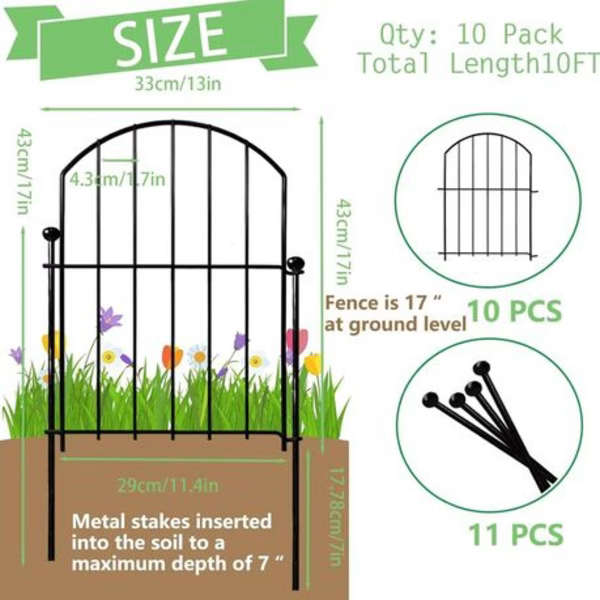 10-Piece Decorative Garden Border Fence - 3m Total Length, 43cm High, Metal