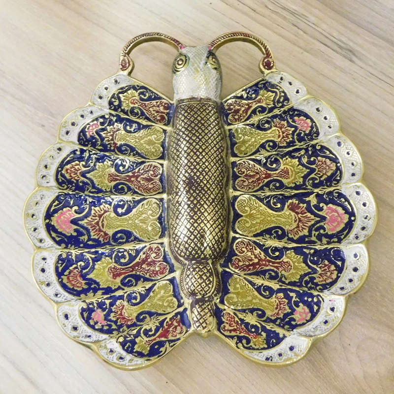 Solid Brass Butterfly Plate with Enamel Artwork