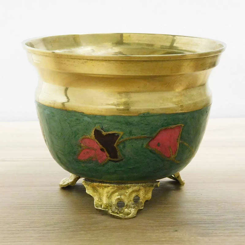 Green Enamelled Brass Bowl on Legs