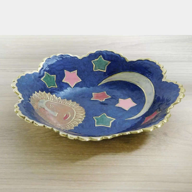 Blue Enamelled Brass Bowl Sun Moon Star