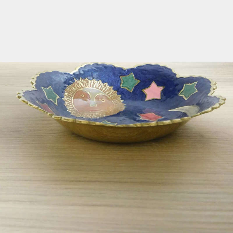 Blue Enamelled Brass Bowl Sun Moon Star