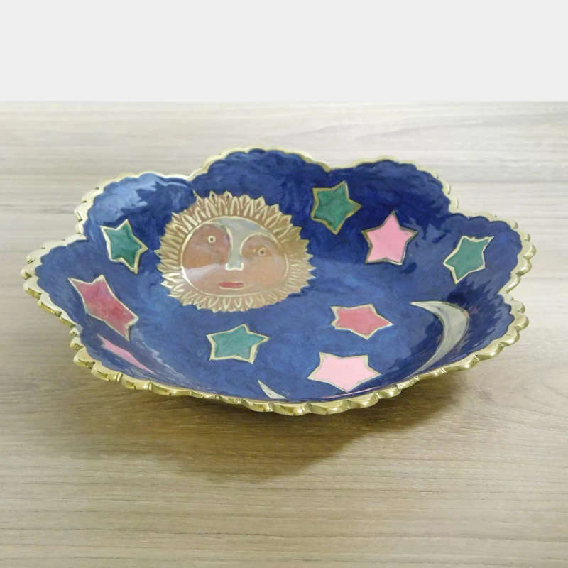 Blue Enamelled Brass Bowl Sun Moon Star