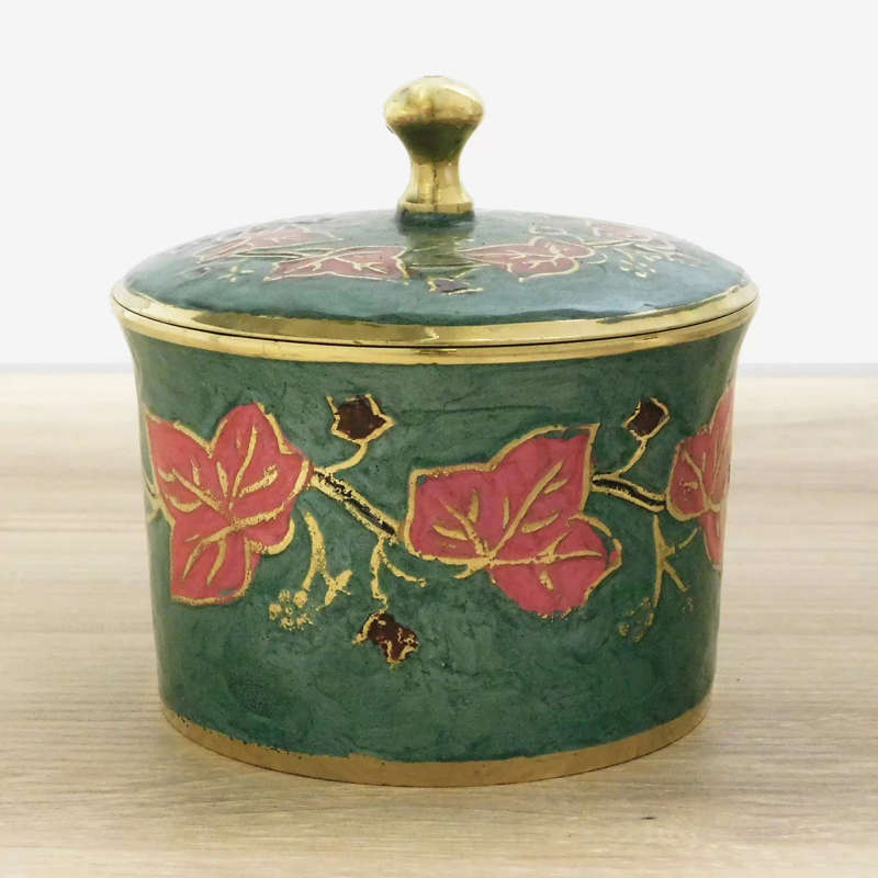 Green Enamel Bowl with Lid in Solid Brass