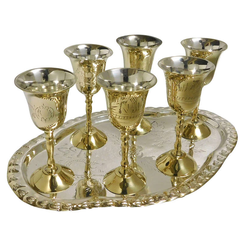Wine Goblet Set in Brass with Silver Plating - Set of 6 Drinking Cups and Tray