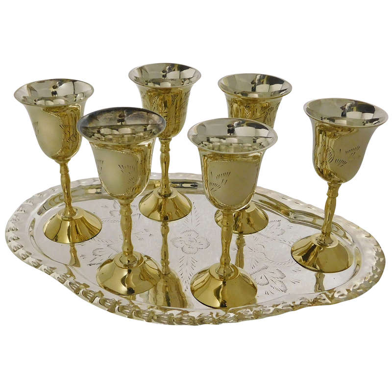 Wine Goblet Set in Brass with Silver Plating - Set of 6 Drinking Cups and Tray