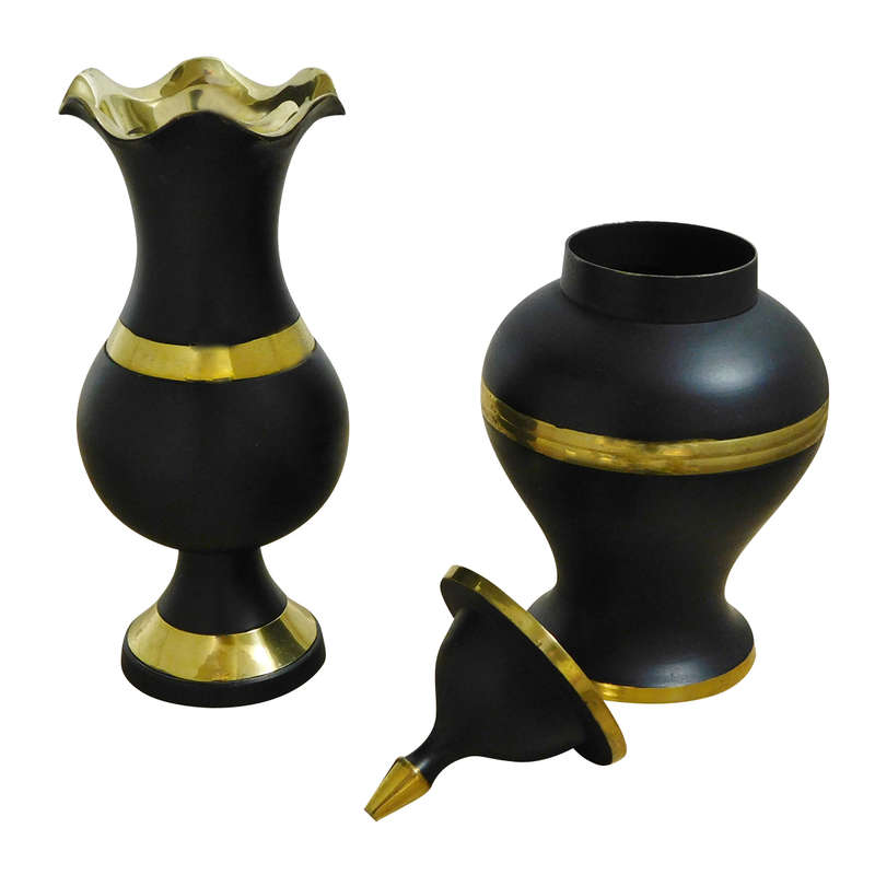 2-Piece Black Vase and Ginger Jar Brass Decor Set