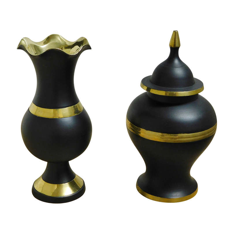 2-Piece Black Vase and Ginger Jar Brass Decor Set