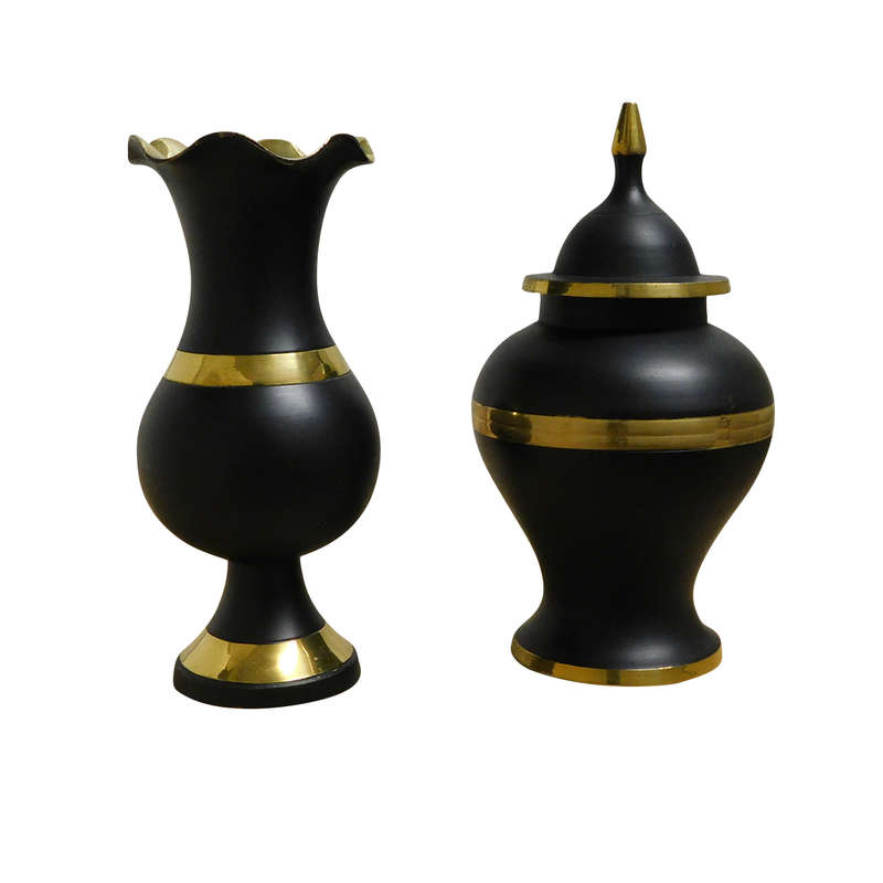 2-Piece Black Vase and Ginger Jar Brass Decor Set