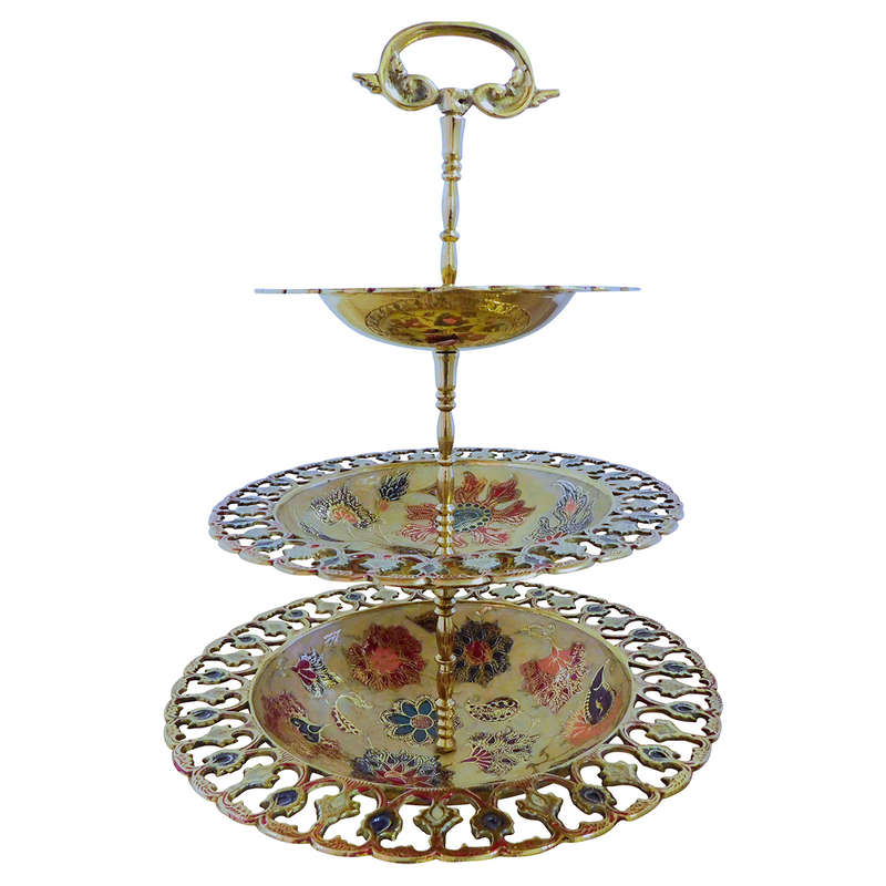 3-Tier Jali Brass Serving Stand with Enamel Paintwork