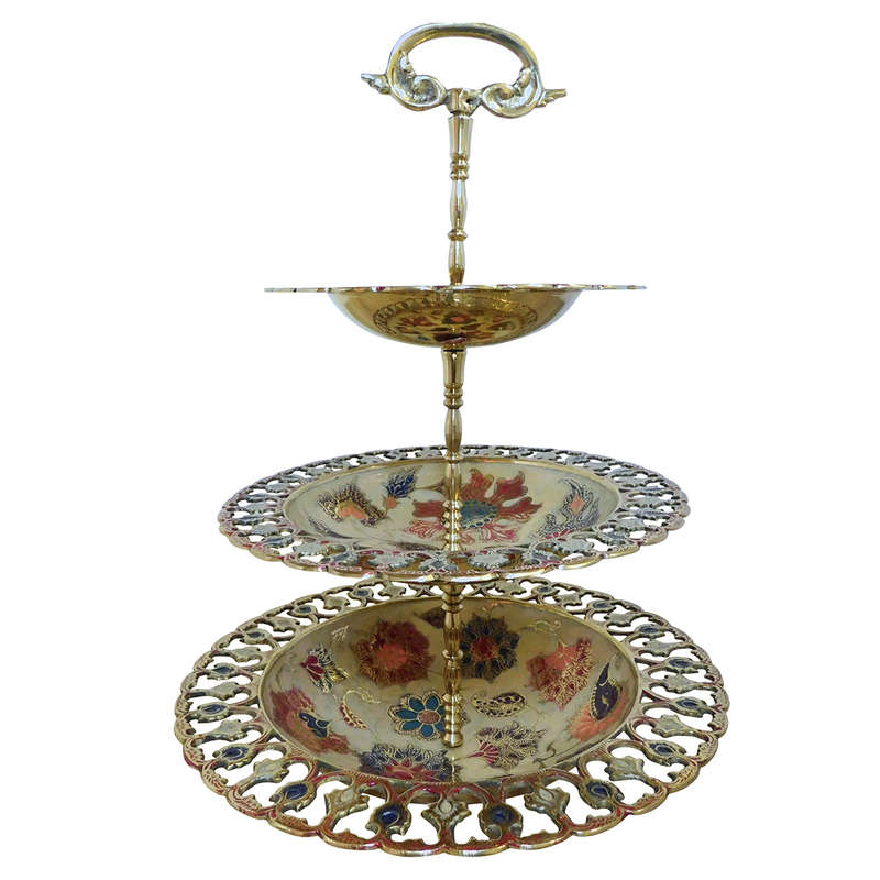 3-Tier Jali Brass Serving Stand with Enamel Paintwork