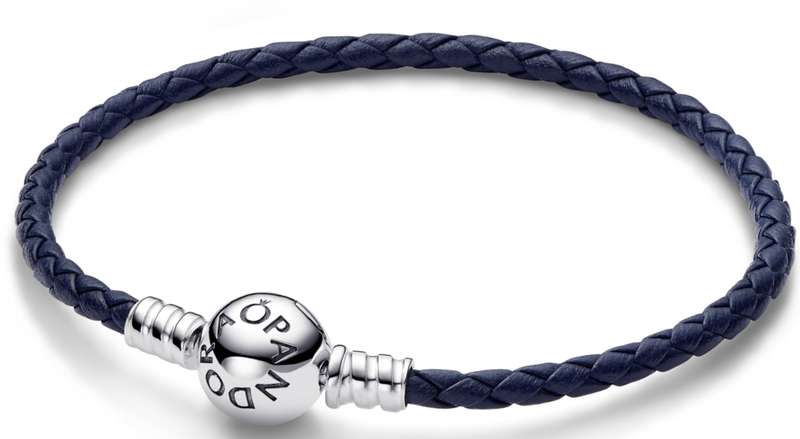 PANDORA MOMENTS COLLECTION ROUND CLASP BLUE BRAIDED LEATHER BRACELET (592790C01-S3)