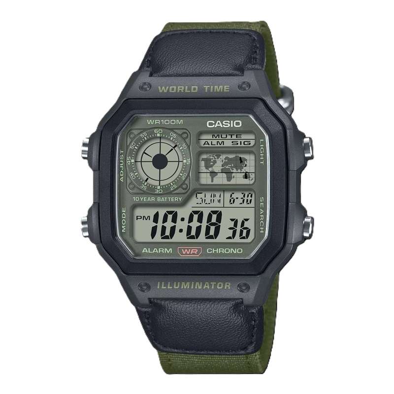 CASIO SPORT DIVER - WORLD TIME ILLUMINATOR 5 ALARMS - FUTURE CLASSIC COLLECTION - BLACK GREEN (AE...