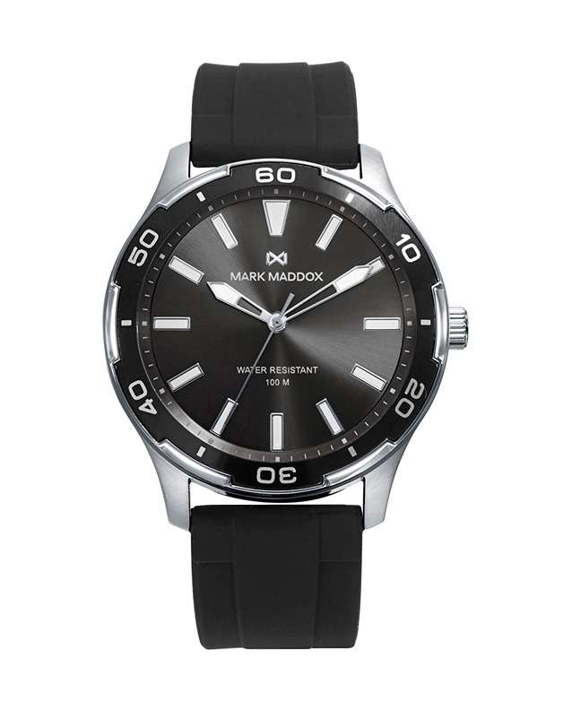 Mark Maddox Men's Mission Watch (HC1009-16) - Black Bezel, 44 mm Silver Case, Silicone Band