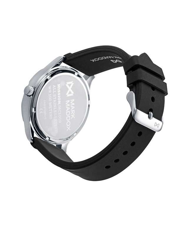 Mark Maddox Men's Mission Watch (HC1009-16) - Black Bezel, 44 mm Silver Case, Silicone Band