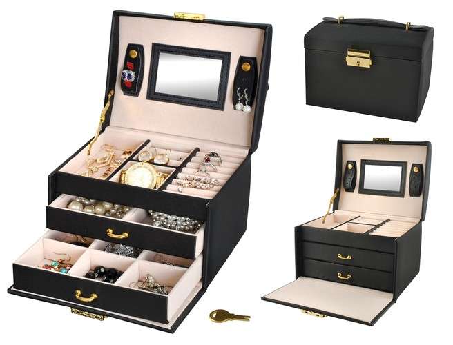 Cofanetto porta gioie in similpelle con specchietto e 2 cassetti/ Jewelry box in faux leather wit...
