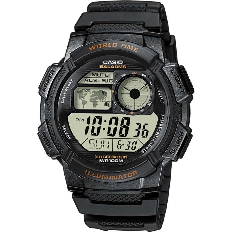 CASIO SPORT DIVER - WORLD TIME ILLUMINATOR 5 ALARMS, 10 YEARS BATTERY - BLACK (AE-1000W-1AVEF)