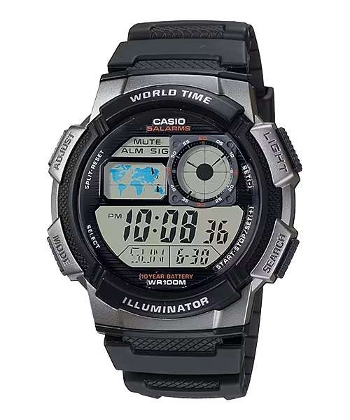 CASIO SPORT DIVER - WORLD TIME ILLUMINATOR 5 ALARMS, 10 YEARS BATTERY - GREY (AE-1000W-1BVDF)