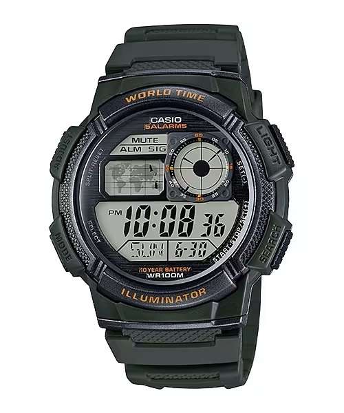 CASIO SPORT DIVER - WORLD TIME ILLUMINATOR 5 ALARMS, 10 YEARS BATTERY - ARMY GREEN (AE-1000W-3AVDF)