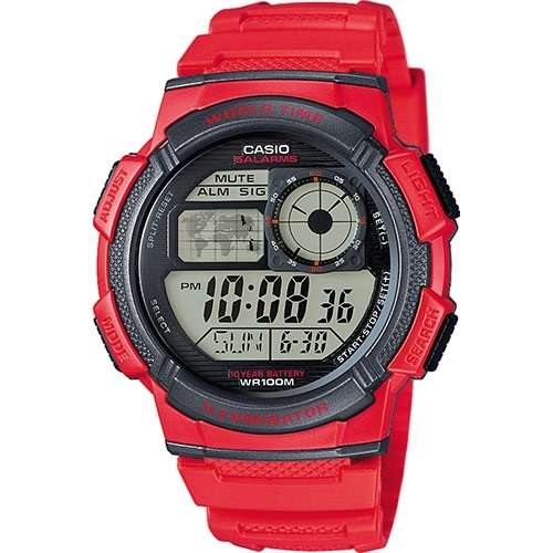 CASIO SPORT DIVER - WORLD TIME ILLUMINATOR 5 ALARMS, 10 YEARS BATTERY - RED (AE-1000W-4AVDF)