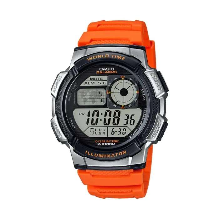 CASIO SPORT  DIVER - WORLD TIME ILLUMINATOR 5 ALARMS, 10 YEARS BATTERY - ORANGE (AE-1000W-4BVDF)