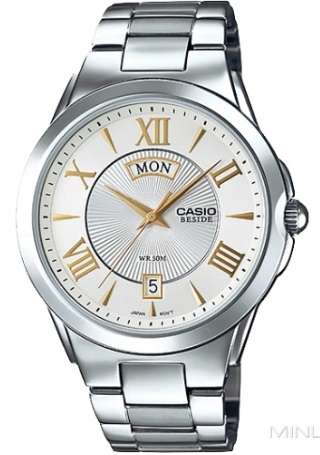 CASIO BESIDE DAY & DATE - WHITE, GOLD INDEXES (BEM-130D-7AVDF)