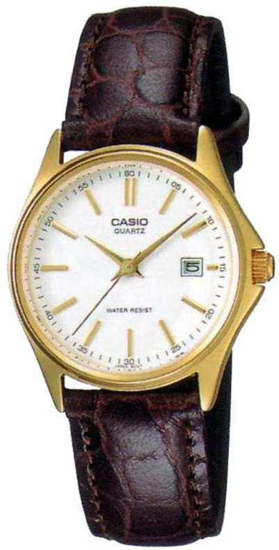 CASIO COLLECTION LADY DATE LEATHER - WHITE, GOLD INDEXES (LTP-1183Q-7ADF)