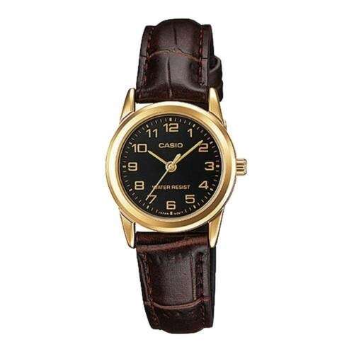 CASIO COLLECTION LADY 3H GOLD, LEATHER - BLACK (LTP-V001GL-1BUDF)