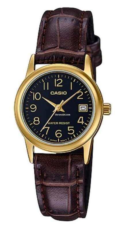 CASIO COLLECTION LADY DATE GOLD, LEATHER - BLACK (LTP-V002GL-1BUDF)