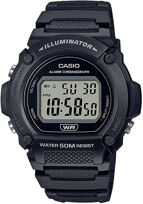 CASIO TIMELESS COLLECTION SPORT- ILLUMINATOR, WR 50M, ALARM, CHRONOGRAPH - BLACK (W-219H-1AVDF)