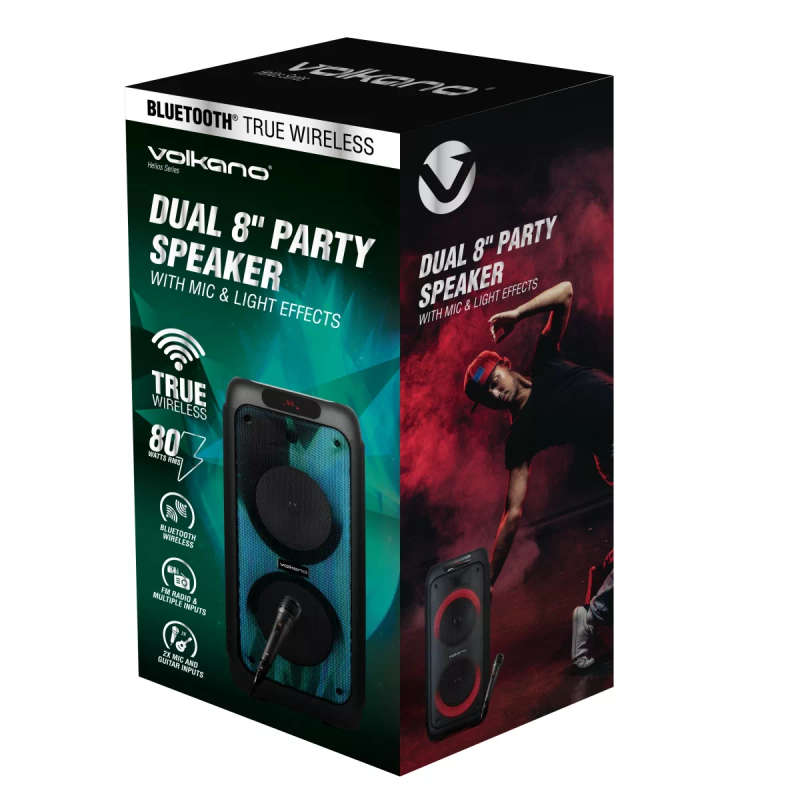 Volkano Helios Series Dual 8-inch Party Speaker with Microphone and Light Effects