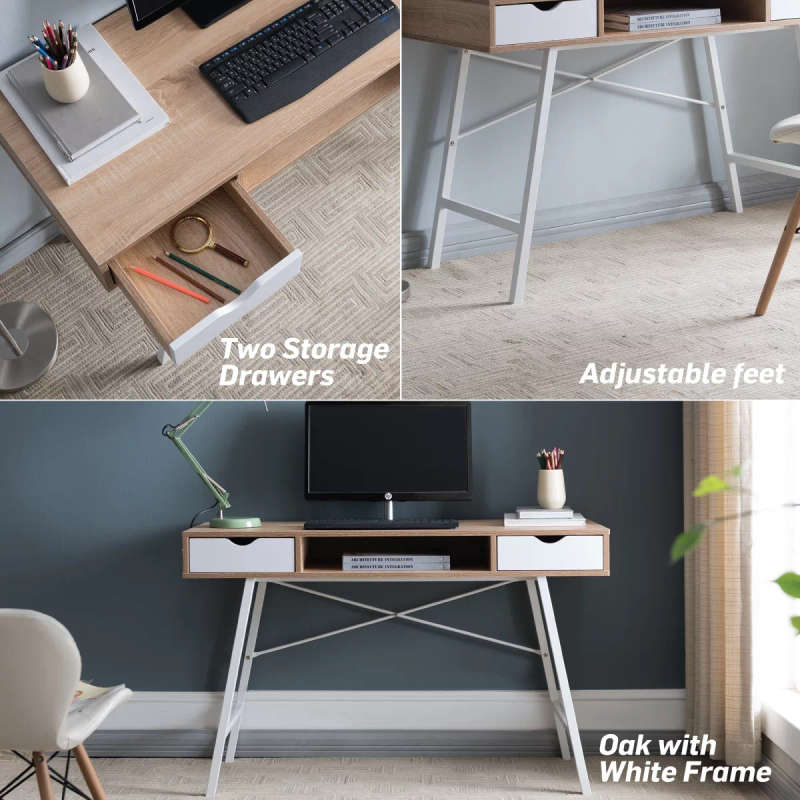 Everfurn Rain Work Desk Two Drawers Steel Frame Adjustable Feet Study Desk