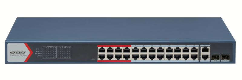 Hikvision L2  Smart Managed Switch  24 10/100M RJ45 PoE ports  2 Gigabit combo ports  802.3af/at ...