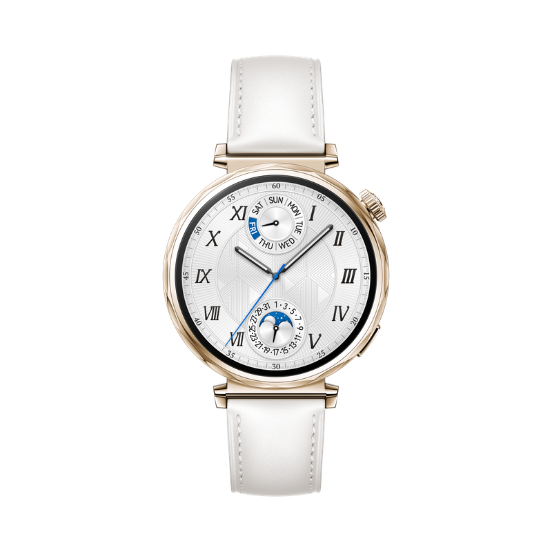 41mm/1.32inch AMOLED / White Composite Leather Strap.Front case:Gold stainless steel. 323 mAh IP68