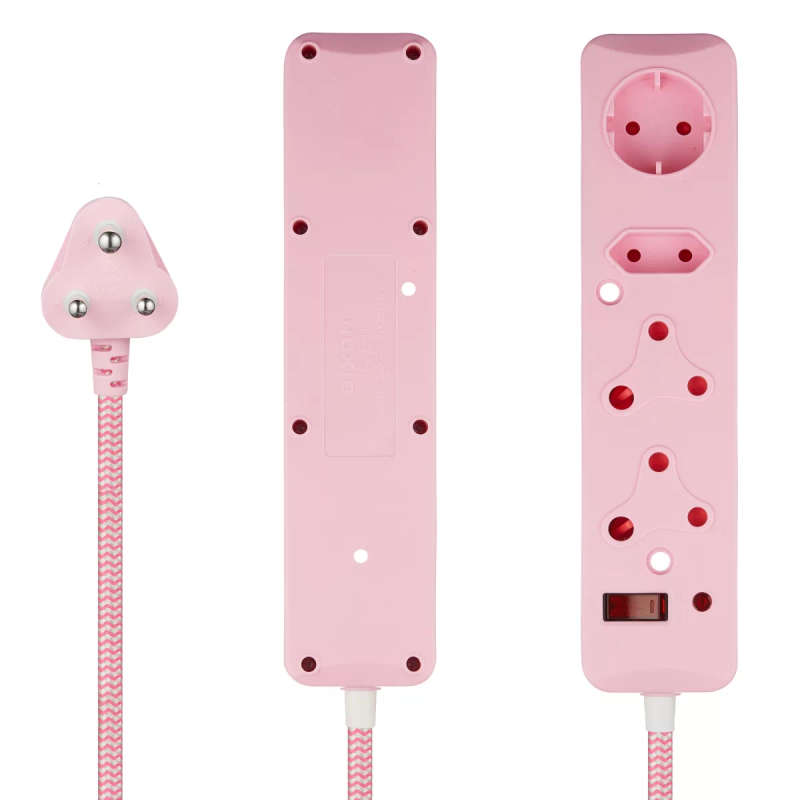 Switched 3M 4-way Surge Protected Multiplug Braided Cord - Pink