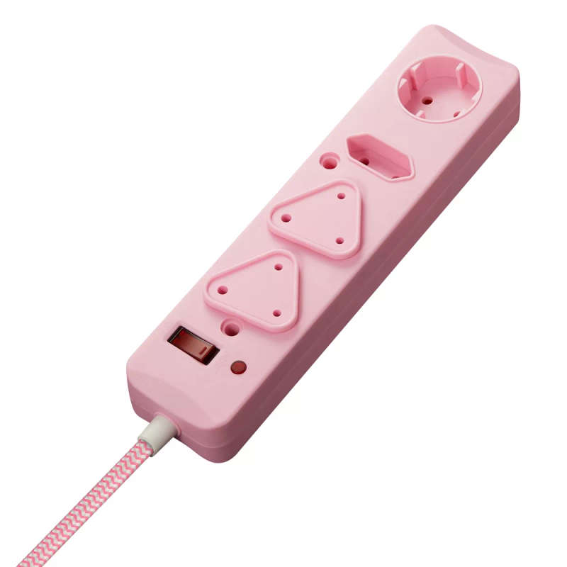 Switched 3M 4-way Surge Protected Multiplug Braided Cord - Pink