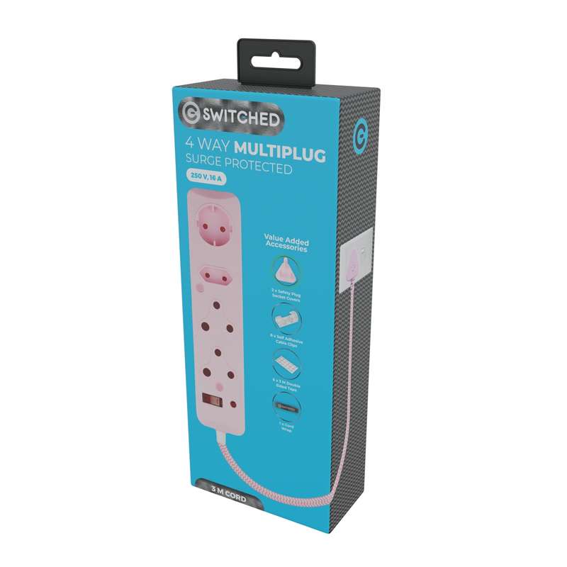Switched 3M 4-way Surge Protected Multiplug Braided Cord - Pink