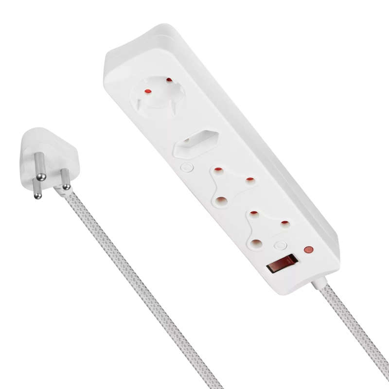 Switched 3M 4-way Surge Protected Multiplug Braided Cord - White