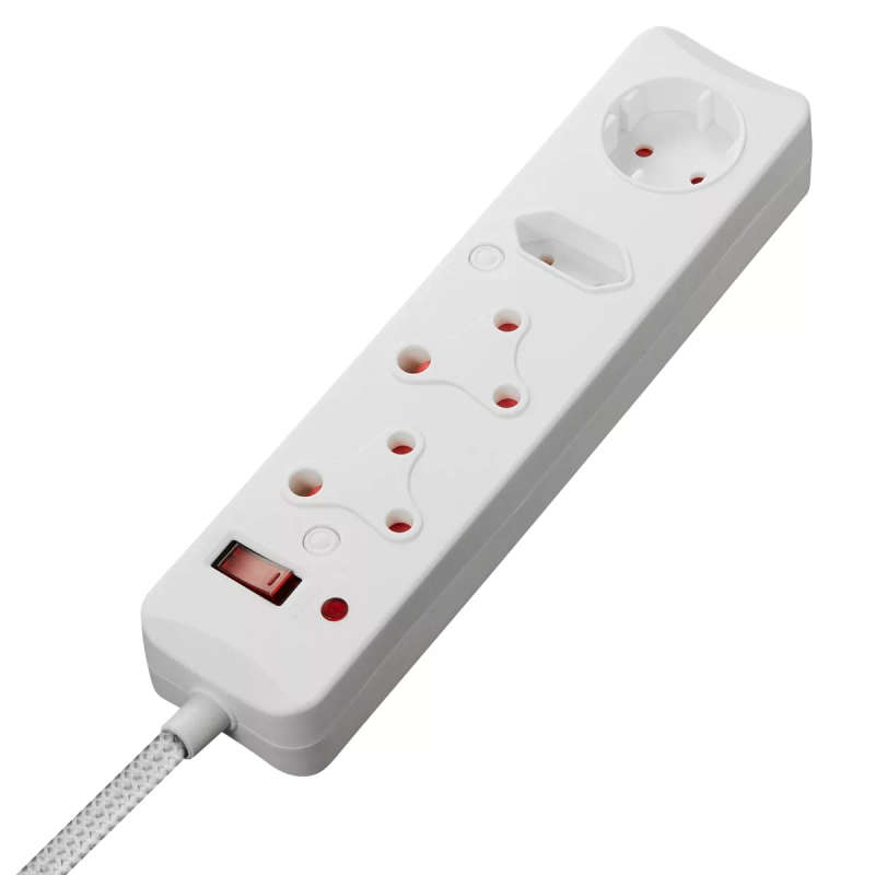 Switched 3M 4-way Surge Protected Multiplug Braided Cord - White