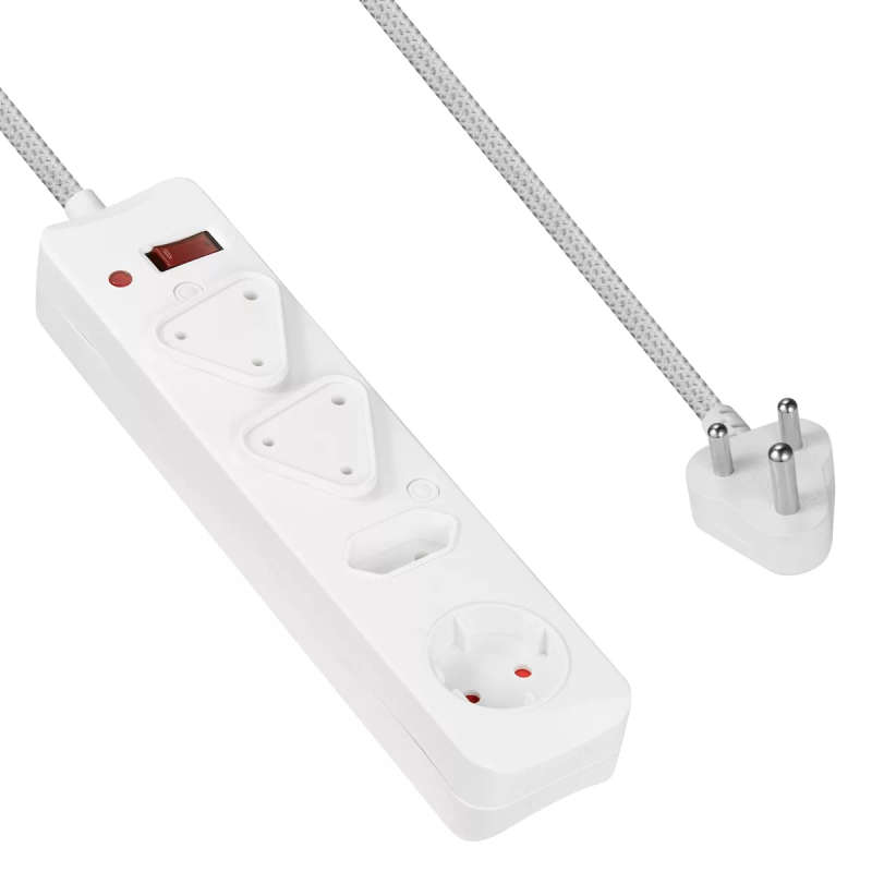 Switched 3M 4-way Surge Protected Multiplug Braided Cord - White