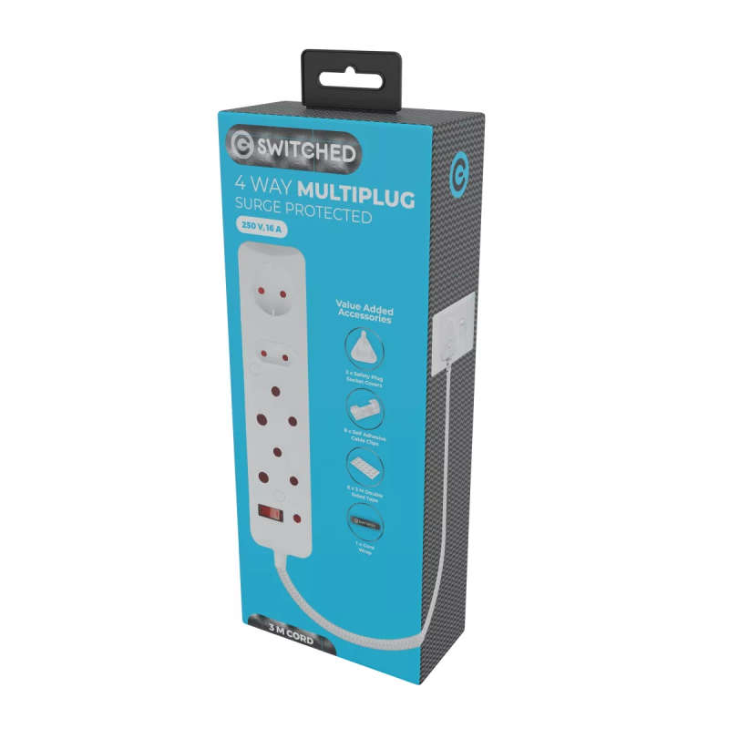 Switched 3M 4-way Surge Protected Multiplug Braided Cord - White