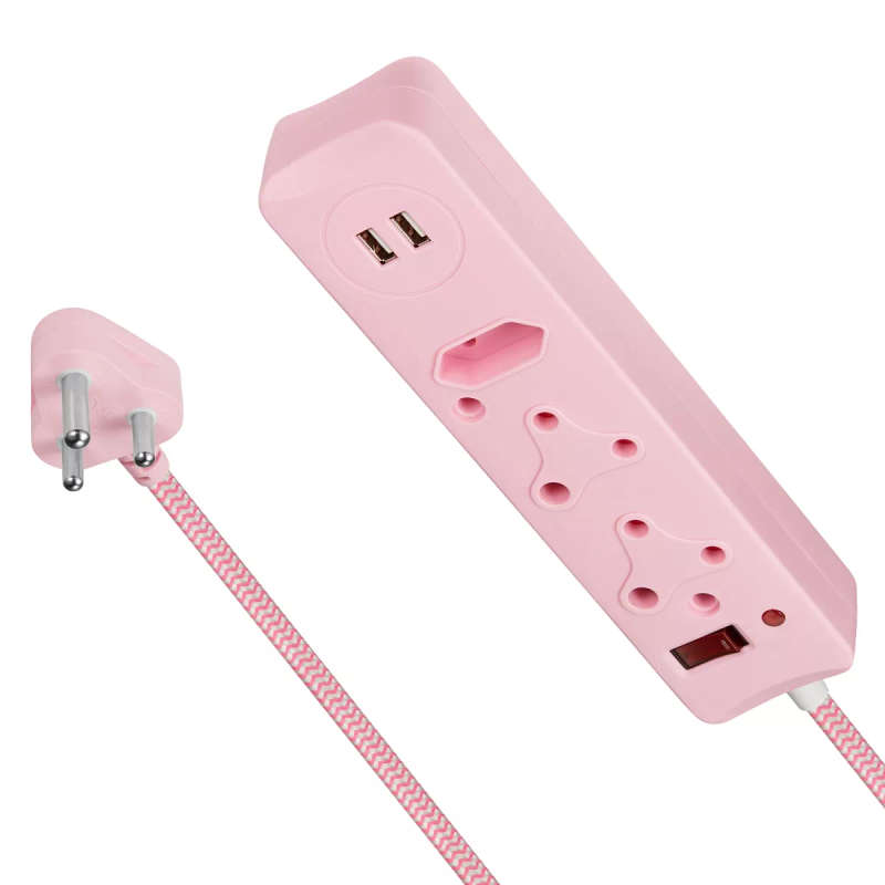 Switched 3M 3-way Surge Protected Multiplug with Dual 2.4A USB Ports Braided Cord - Pink
