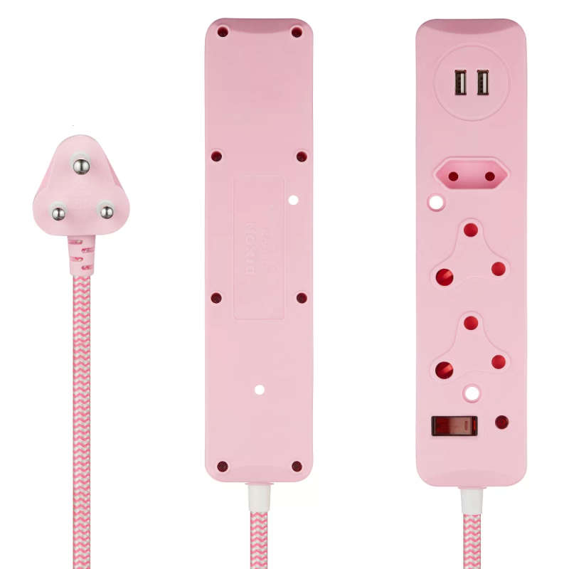 Switched 3M 3-way Surge Protected Multiplug with Dual 2.4A USB Ports Braided Cord - Pink