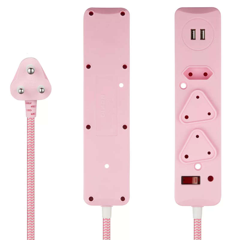 Switched 3M 3-way Surge Protected Multiplug with Dual 2.4A USB Ports Braided Cord - Pink