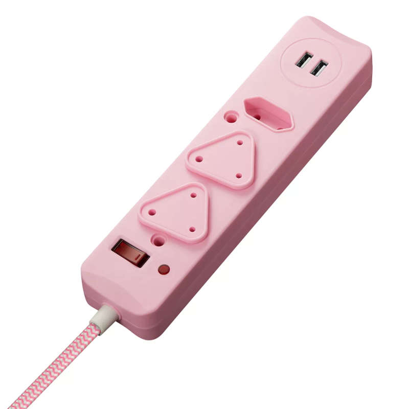 Switched 3M 3-way Surge Protected Multiplug with Dual 2.4A USB Ports Braided Cord - Pink
