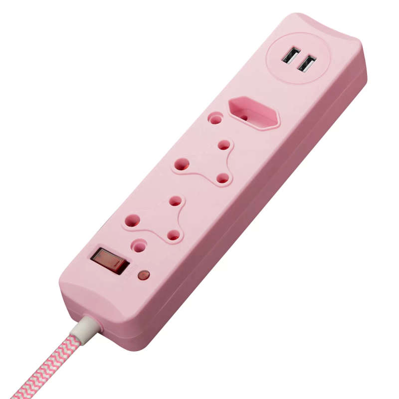 Switched 3M 3-way Surge Protected Multiplug with Dual 2.4A USB Ports Braided Cord - Pink